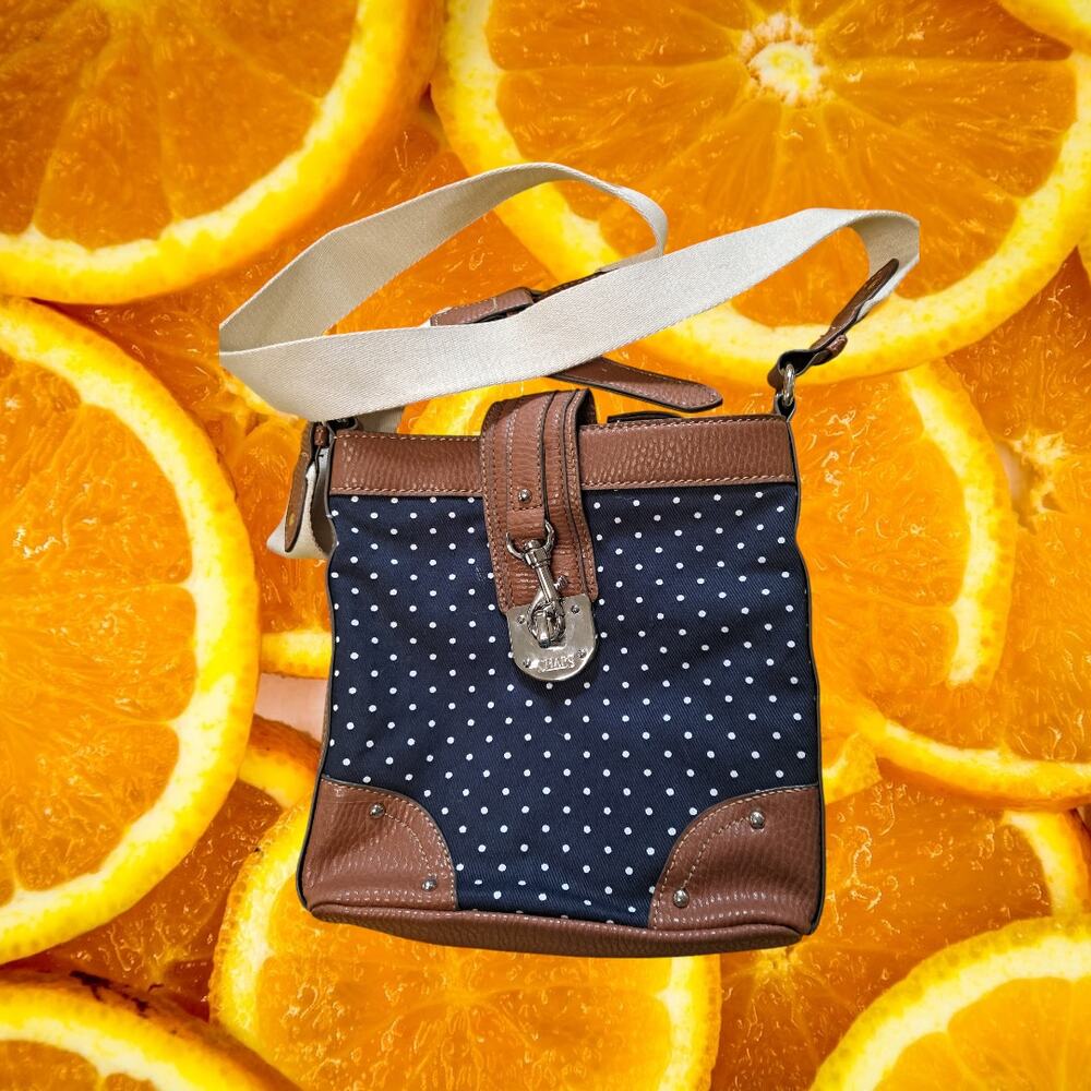 Chaps Blue with‎ White Polka Dot Crossbody Purse with Leather Accents